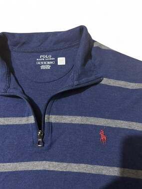 Polo Ralph Lauren Blue and Gray Striped 1/4 Zip Jersey Knit Sweater